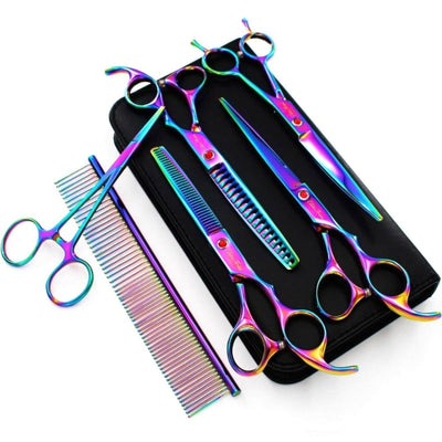 EliteTrim Dog Grooming Scissors Home Grooming Series | 7" Advanced Shears Kit 7" Dog Grooming Scissors Kit with Thinner Blender and Curved