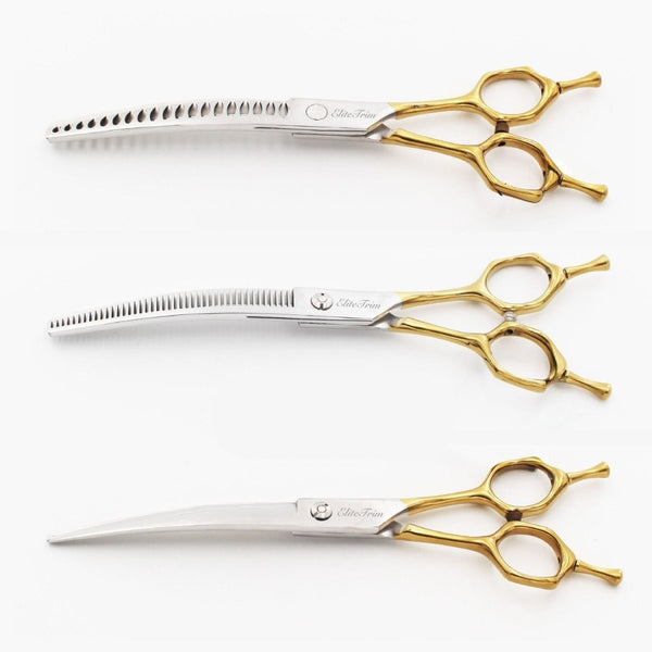 7" Double - Tail Gold Series - Thinner & Blender & Curved - Dog Grooming Scissors - EliteTrim