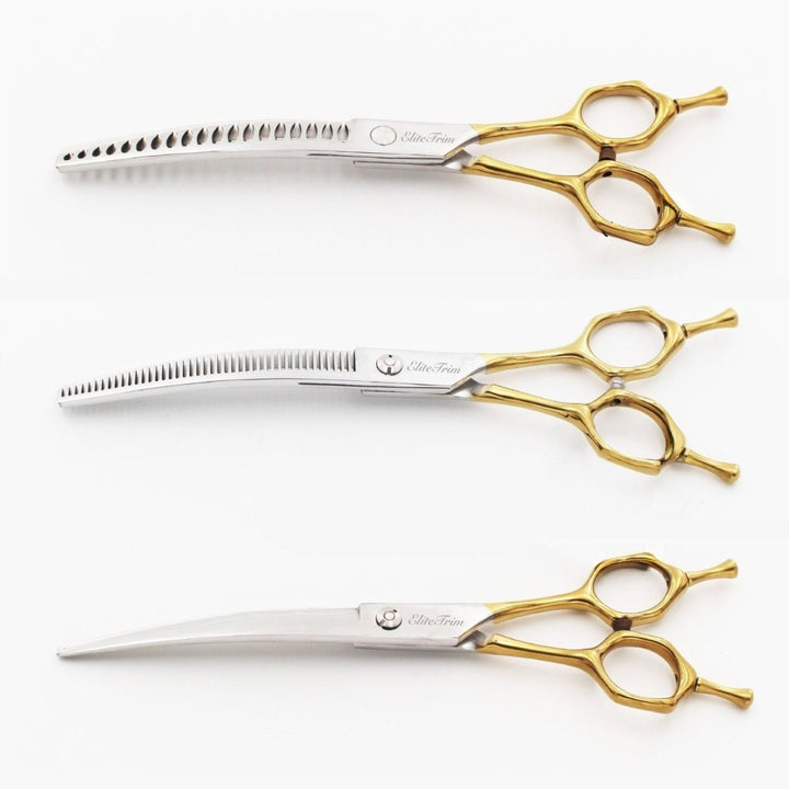 7" Double - Tail Gold Series - Thinner & Blender & Curved - Dog Grooming Scissors - EliteTrim