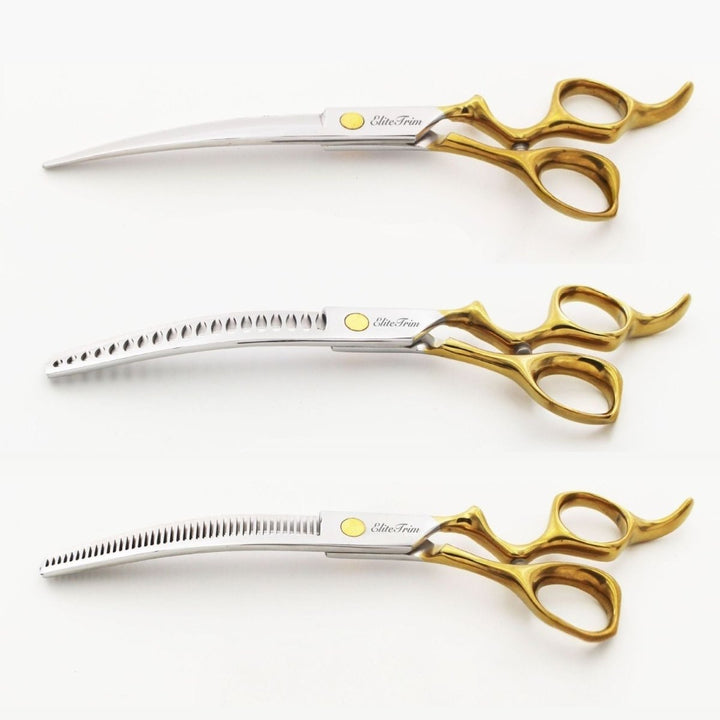 7" ErgoFlow Gold Series - Thinner & Blender & Curved - Dog Grooming Scissors - EliteTrim