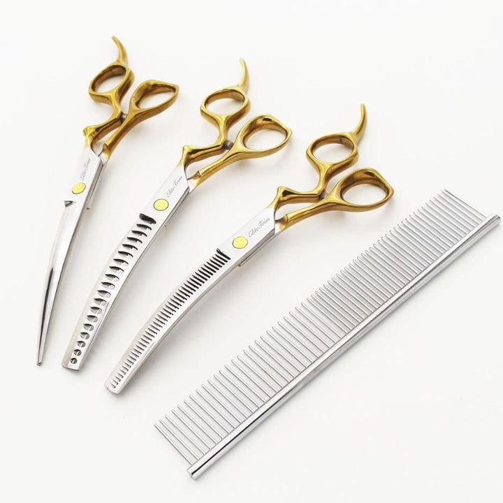 7" ErgoFlow Gold Series - Thinner & Blender & Curved - Dog Grooming Scissors - EliteTrim